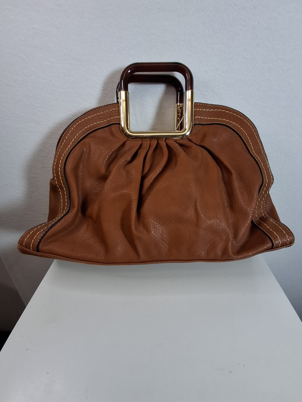 Brown Structured Top-Handle Tote with Gold Accent - Picture 7 of 11